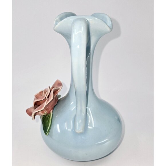 California Pottery Blue Pitcher W/Rose - Picture 5 of 8